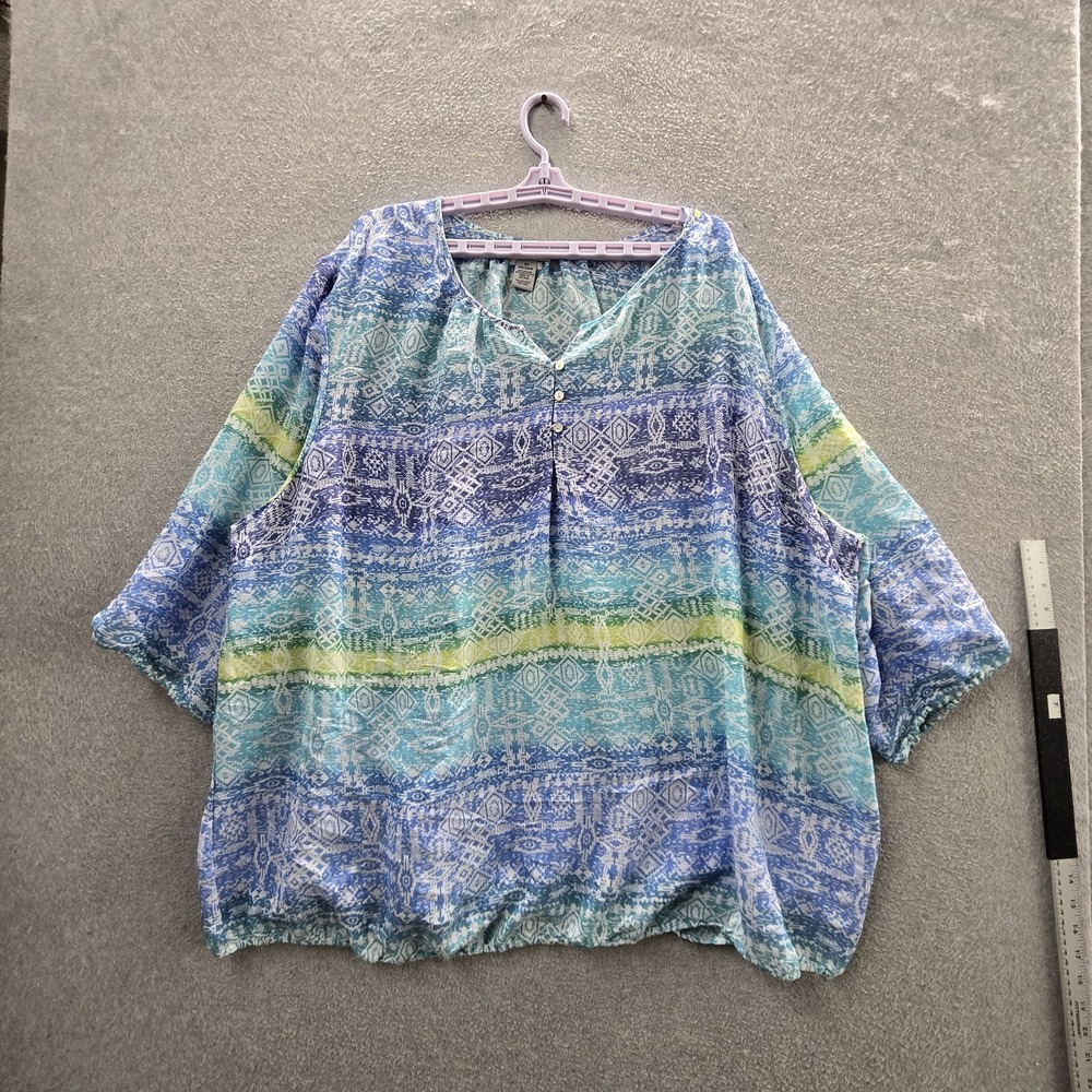 Catherines Women Blouse 3X (26/28W) Blue Aztec Button Scoop Neck Pullover